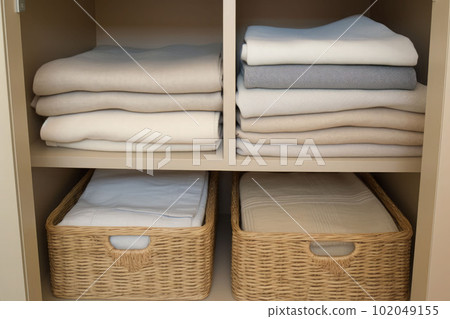 Bed linens closet arrangement on shelves. Minimalist comfortable storage. Generative AI 102049155