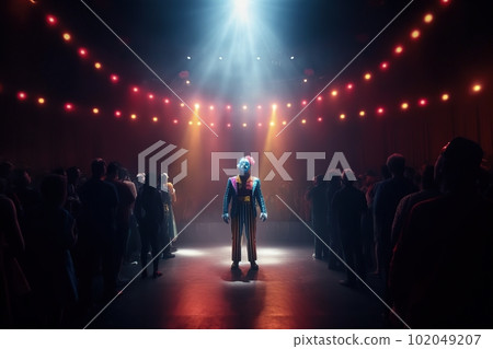 Fictional clown on stage under spotlights made with generative AI 102049207