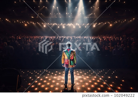 Fictional clown on stage under spotlights made with generative AI Fictional clown on stage under spotlights made with generative AI 102049222