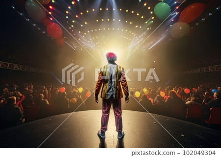 Fictional clown on stage under spotlights made with generative AI Fictional clown on stage under spotlights made with generative AI 102049304
