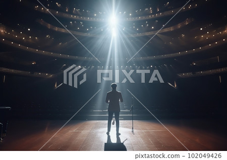 Fictional male artist on the big stage of an empty concert hall in the light of spotlights made with generative AI 102049426
