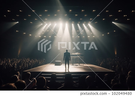 Fictional man musician on the stage in the light of spotlights made with generative AI Fictional man musician on the stage in the light of spotlights made with generative AI 102049480