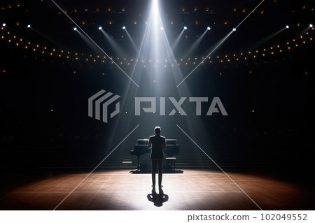 Fictional musician at the piano on the big stage of a luxury concert hall made with generative AI Fictional musician at the piano on the big stage of a luxury concert hall made with generative AI 102049552