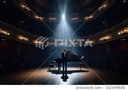 Cartoon musician at the piano on the big stage of a luxury concert hall made with generative AI 102049688