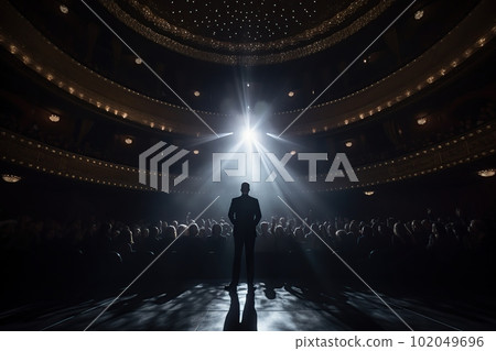 Fictional man musician on the stage in the light of spotlights made with generative AI Fictional man musician on the stage in the light of spotlights made with generative AI 102049696