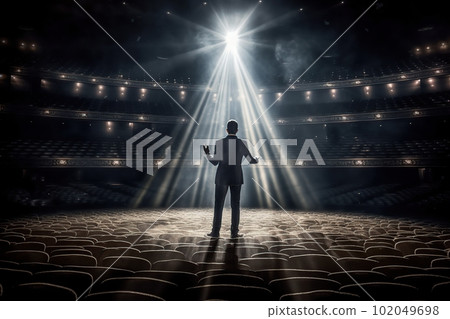 Fictional male artist on the big stage of an empty concert hall in the light of spotlights made with generative AI 102049698