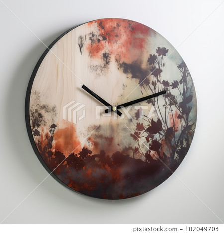 Wall wooden clock with abstract flowers made with generative AI 102049703