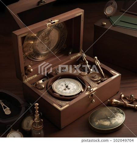 Rare compass in a wooden box made with generative AI 102049704