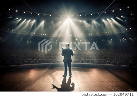 Fictional male artist on the big stage of an empty concert hall in the light of spotlights made with generative AI Fictional male artist on the big stage of an empty concert hall in the light of spotlights made with generative AI 102049711