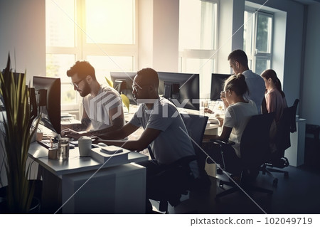 Young adult fictional people work in the office at computers made with generative AI 102049719