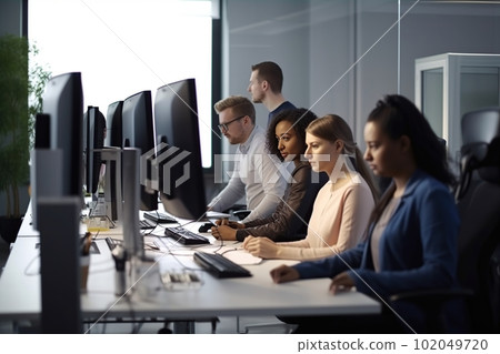 Young adult fictional people work in the office at computers made with generative AI 102049720