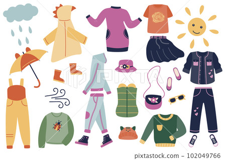 A set of clothes and shoes - dress, sneakers, shoes, handbag, panama hat, sweaters, jeans, skirt, raincoat. Vector illustration of stylized things in cartoon style. Isolated a white background. A set of clothes and shoes - dress, sneakers, shoes, handbag, panama hat, sweaters, jeans, skirt, raincoat. Vector illustration of stylized things in cartoon style. Isolated a white background. 102049766
