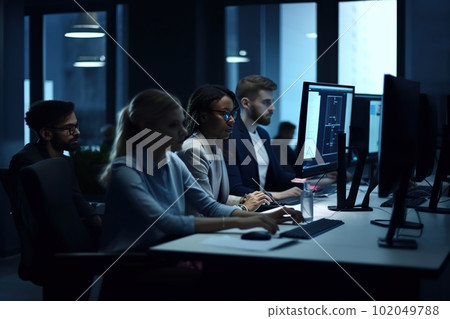 Young adult fictional people work in the office at computers made with generative AI 102049788