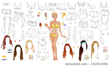 Spring Break Coloring Paper Doll with Swimsuits, Hairstyles and Accessories. Vector Illustration 102051046