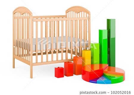 Baby crib, infant bed with growth bar graph and pie chart, 3D rendering 102052016