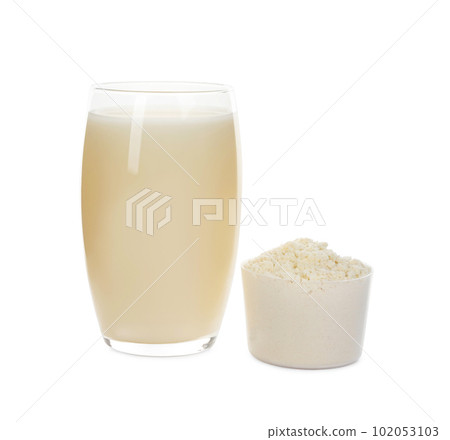 Protein shake and powder isolated on white 102053103