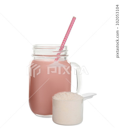 Protein shake and powder isolated on white Protein shake and powder isolated on white 102053104