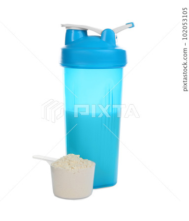 Protein shake and powder isolated on white Protein shake and powder isolated on white 102053105