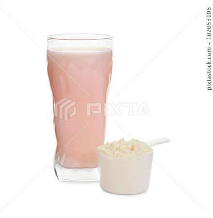 Protein shake and powder isolated on white Protein shake and powder isolated on white 102053106