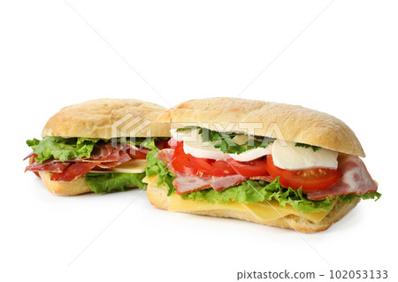 Delicious sandwiches with fresh vegetables isolated on white 102053133