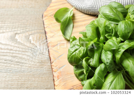 Fresh basil on wooden table, closeup. Space for text 102053324