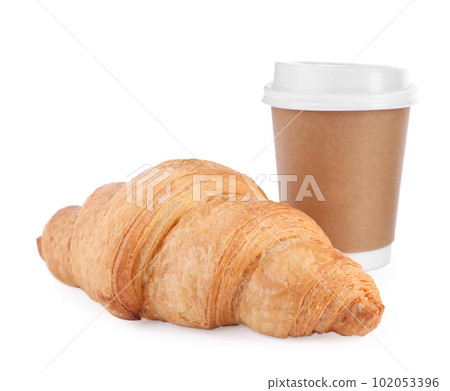 Fresh croissant and coffee on white background Fresh croissant and coffee on white background 102053396