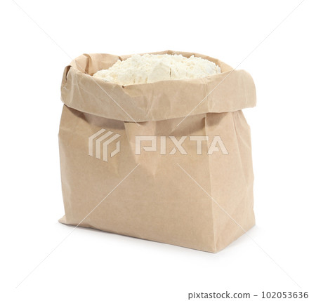 Organic flour in paper bag isolated on white Organic flour in paper bag isolated on white 102053636