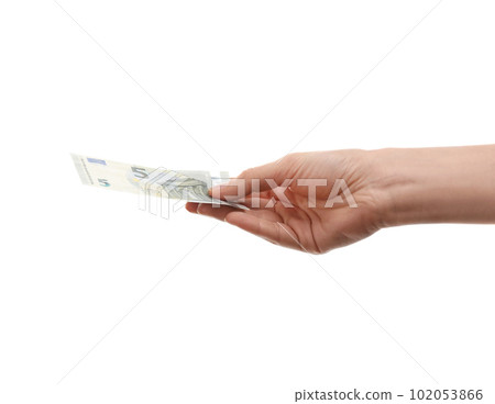 Woman with euro banknote on white background, closeup. Money and finance Woman with euro banknote on white background, closeup. Money and finance 102053866