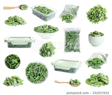 Set of frozen green beans on white background. Vegetable preservation 102053932