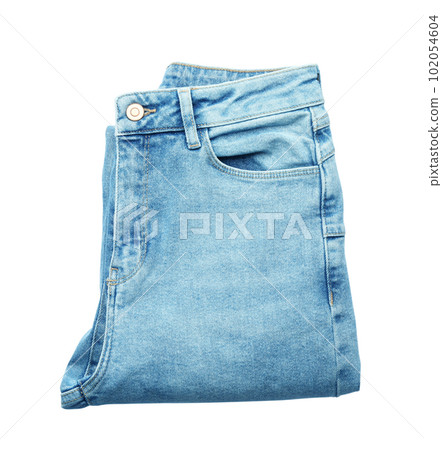 Stylish jeans isolated on white, top view Stylish jeans isolated on white, top view 102054604