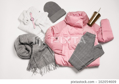 Set with stylish clothes on white background, top view 102054609