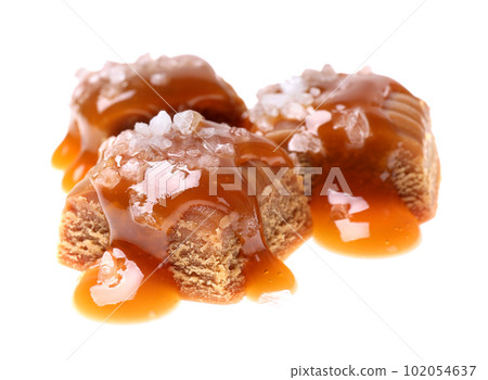 Delicious salted caramel with sauce on white background 102054637
