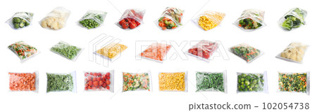 Set of different frozen vegetables in plastic bags on white background 102054738