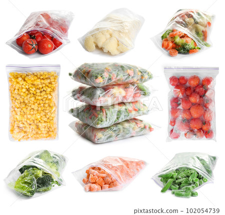 Set of different frozen vegetables in plastic bags on white background 102054739