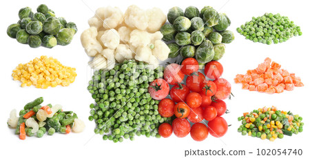 Set of different frozen vegetables on white background 102054740