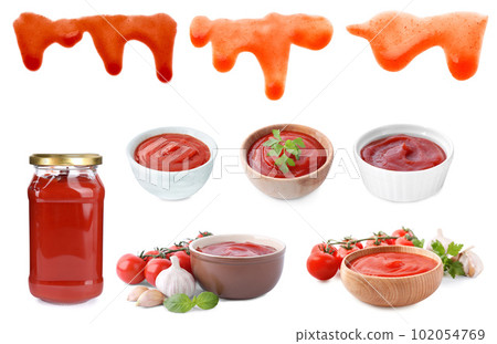 Set of tasty tomato sauce on white background 102054769
