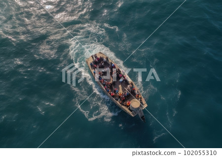 Top view of Mediterranean migrants into the sea with their boat during illegal immigration. Generative AI 102055310
