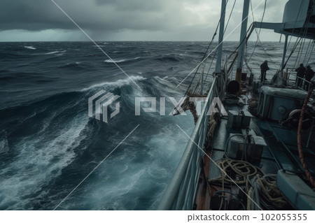 Ship during strong Hurricane , A lot of splashes. View from bridge. Sea water clinging to the deck as cameras strain for a glimpse of the abyss below. High waves hit ship. Generative Ai Ship during strong Hurricane , A lot of splashes. View from bridge. Sea water clinging to the deck as cameras strain for a glimpse of the abyss below. High waves hit ship. Generative Ai 102055355