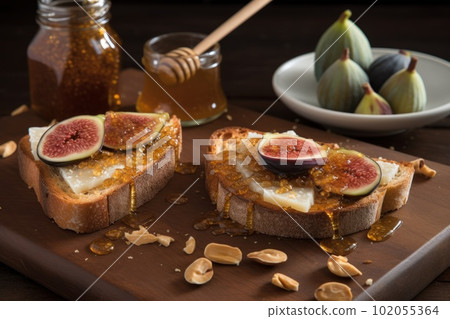 Toast with a drizzle of raw bee's honey and fresh fig jam. Generative Ai 102055364