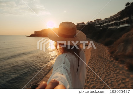 Pov view of young woman with sun hat holding her boyfriend by hand and walking to the beach at sunset. Concept Summer Vacation. Generative AI 102055427