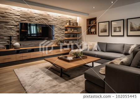Photo of a bright living room full of memories and new technologies. Places where family and friends relax together in home environments. Generative AI Photo of a bright living room full of memories and new technologies. Places where family and friends relax together in home environments. Generative AI 102055445