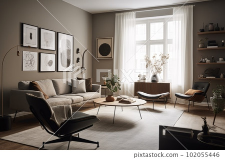 Photo of a bright living room full of memories and new technologies. Places where family and friends relax together in home environments. Generative AI Photo of a bright living room full of memories and new technologies. Places where family and friends relax together in home environments. Generative AI 102055446