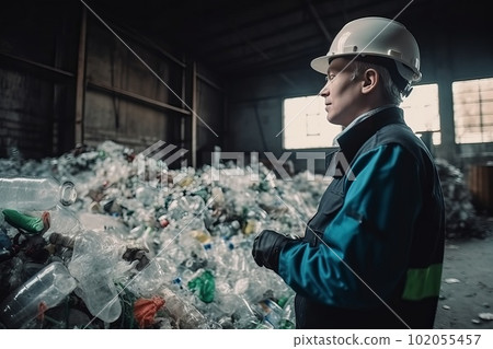 Foreman controls the recycle waste separation of recyclable waste plants. Waste plastic bottles and other types of plastic waste. Generative AI 102055457