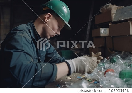 Foreman controls the recycle waste separation of recyclable waste plants. Waste plastic bottles and other types of plastic waste. Generative AI Foreman controls the recycle waste separation of recyclable waste plants. Waste plastic bottles and other types of plastic waste. Generative AI 102055458