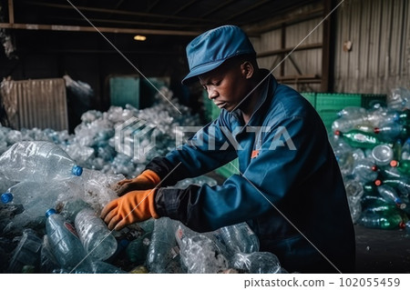 Foreman controls the recycle waste separation of recyclable waste plants. Waste plastic bottles and other types of plastic waste. Generative AI Foreman controls the recycle waste separation of recyclable waste plants. Waste plastic bottles and other types of plastic waste. Generative AI 102055459
