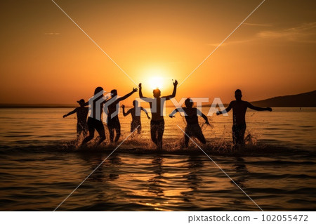 Silhouettes of young group of people jumping in sea at sunset. Concept Summertime vacantion. Generative Ai 102055472