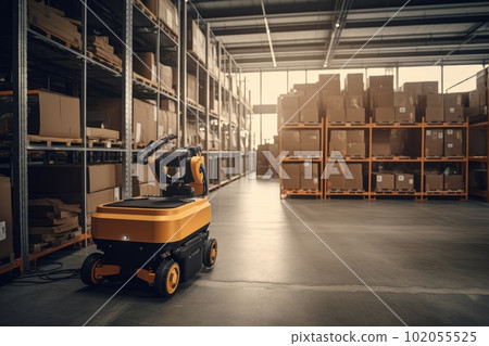 Machine learning and bot technology that boost speed up logistical tasks and activities. Autonomous robot services use for move boxes to warehouse. Concept future logistic activities. Generative AI. 102055525