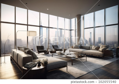 Living room with a view. Luxurious living room in a penthouse with floor-to-ceiling windows offering a stunning view of the city skyline. Generative AI. Living room with a view. Luxurious living room in a penthouse with floor-to-ceiling windows offering a stunning view of the city skyline. Generative AI. 102055540