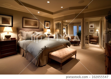 Master bedroom suite. Spacious master bedroom suite with a king-sized bed, a sitting area, walk-in closets, and an en-suite bathroom with a Jacuzzi tub. Generative AI Master bedroom suite. Spacious master bedroom suite with a king-sized bed, a sitting area, walk-in closets, and an en-suite bathroom with a Jacuzzi tub. Generative AI 102055547