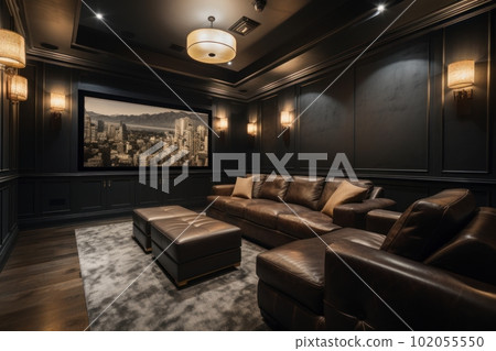 Private home theater. Depict a state-of-the-art home theater with plush seating, surround sound, and a large screen for an immersive movie experience. Generative AI 102055550